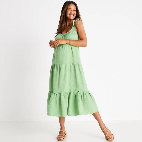 Marine Layer Jude Dress Flutter Sleeve Tiered Swing Midi Jade Sheen Green NWT M - Picture 2 of 8